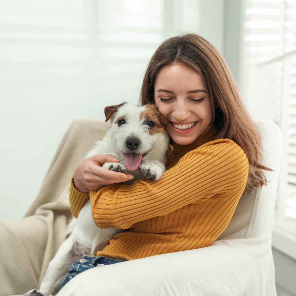 Young,Woman,With,Her,Cute,Jack,Russell,Terrier,At,Home.